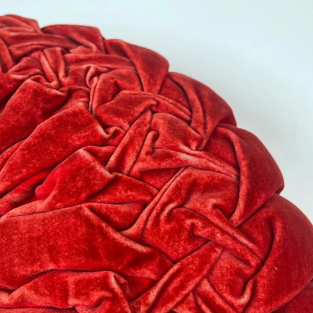 Round Smocked Velvet Decorative Throw Pillow Red Mid-Century Modern Accent